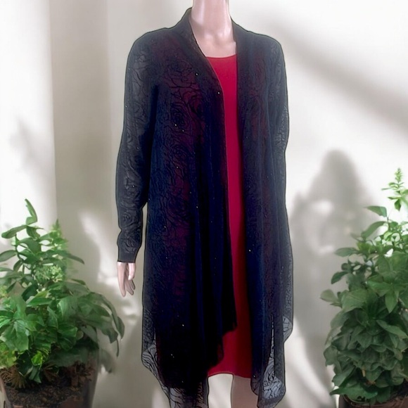 Bianca Nygard Black Sheer Open Front Sparkly Rosette Emboss Mesh Cardigan - Picture 14 of 17